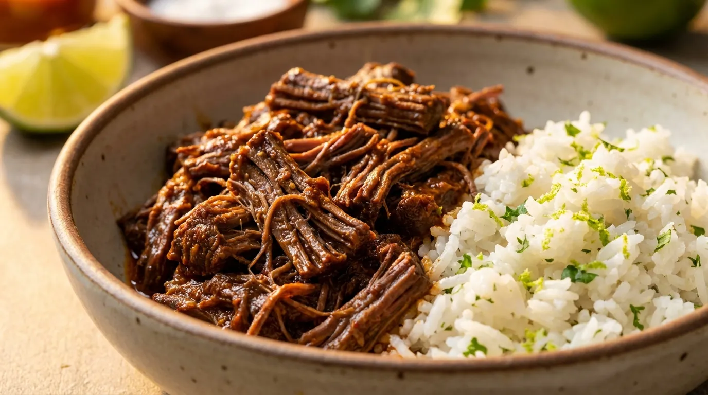 A close-up of Chipotle's shredded beef barbacoa showing its rich, dark saucy texture