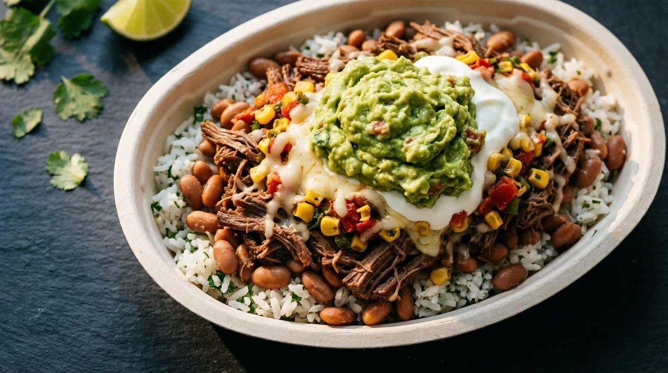 Chipotle burrito bowl with chicken, rice, beans, and fresh toppings viewed from above