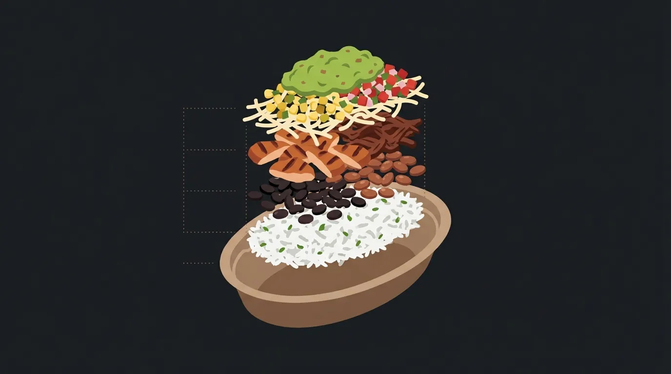 Loaded Chipotle burrito bowl with white rice, black beans, chicken, fresh salsa, cheese, and guacamole