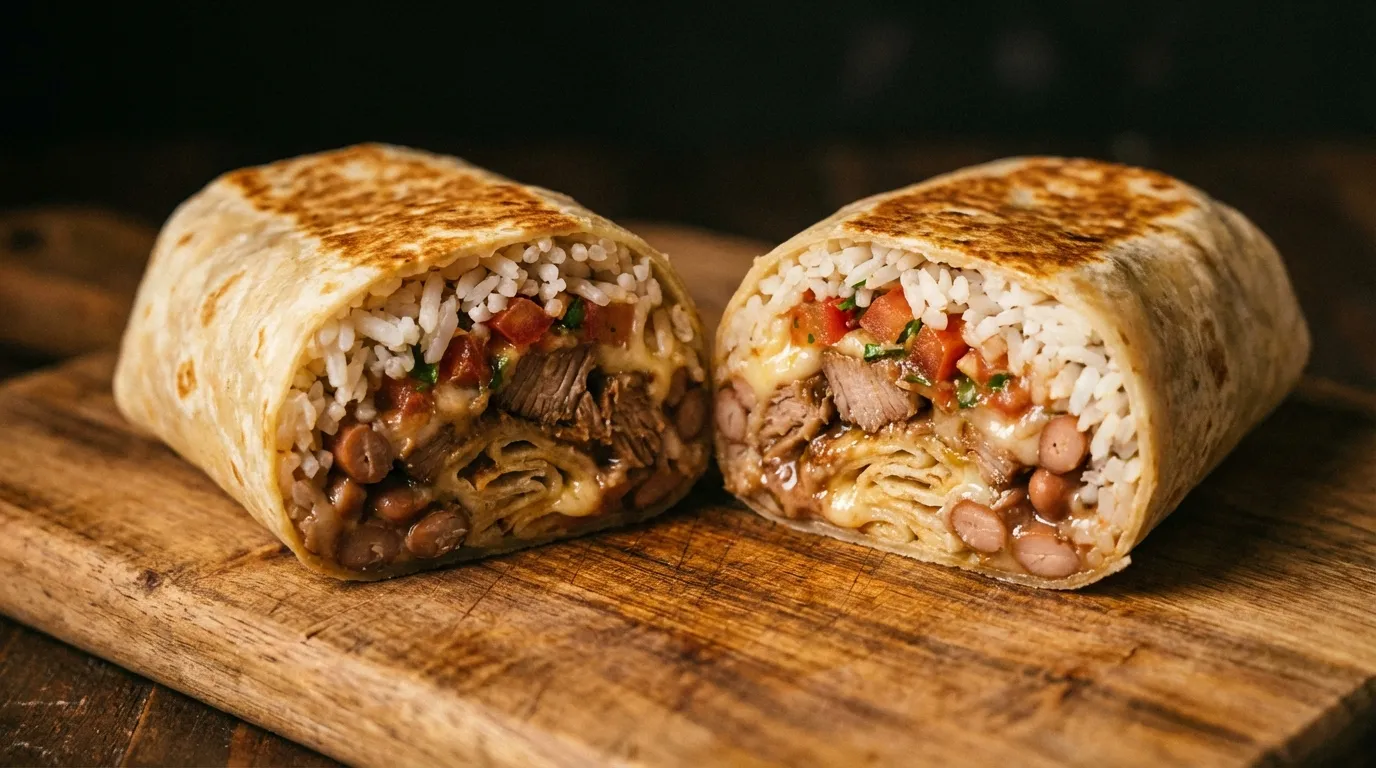 A Chipotle burrito cut in half, showing layers of chicken, rice, beans, and fresh toppings wrapped in a flour tortilla