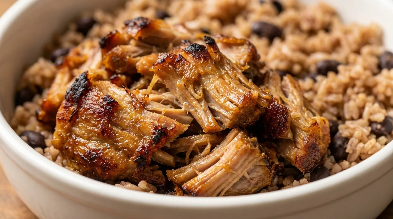 A close-up of Chipotle's pulled pork carnitas showing crispy edges and juicy texture