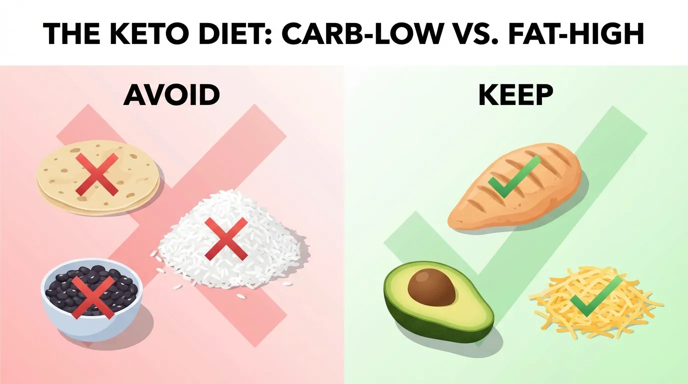 Visual guide showing what to skip (rice and beans) versus what to keep (meat, cheese, guac) on a keto diet at Chipotle
