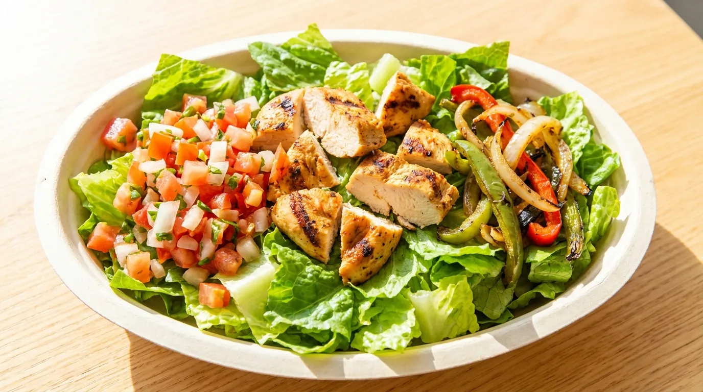 A very clean, minimal Chipotle bowl with chicken, fajita veggies, and fresh tomato salsa for a low-calorie diet