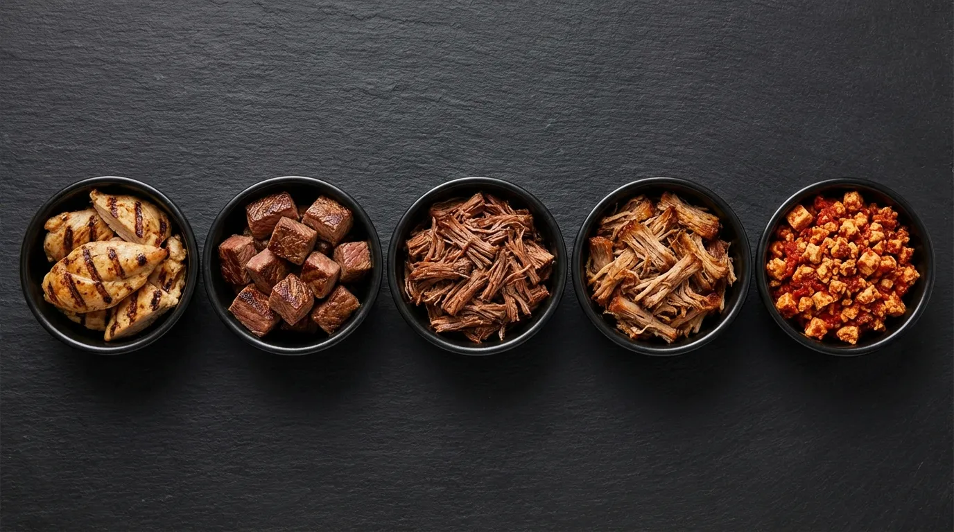 Five small bowls showing Chipotle proteins side-by-side: chicken, steak, barbacoa, carnitas, and sofritas
