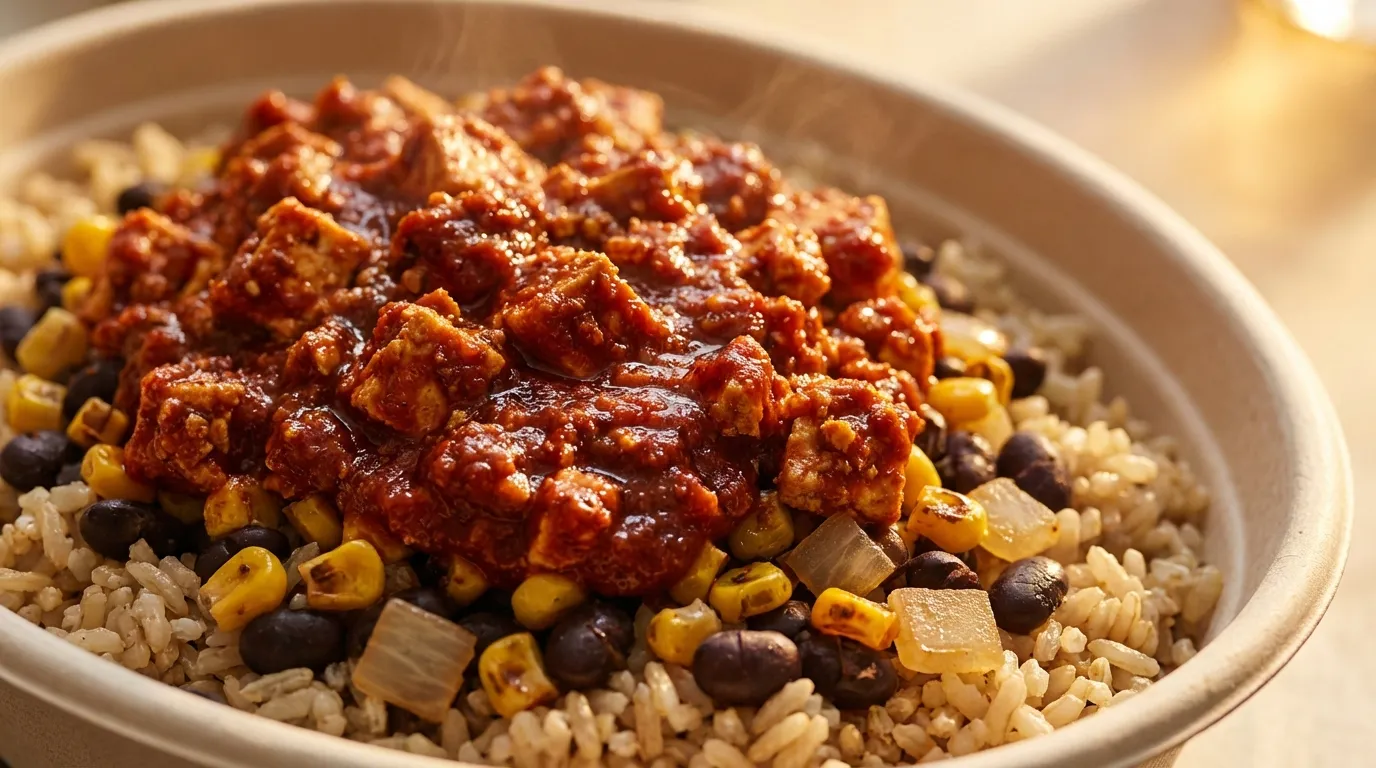 A close-up of Chipotle's plant-based sofritas showing perfectly spiced and crumbled organic tofu