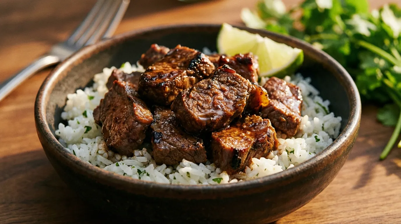 A close-up of Chipotle's grilled steak pieces showing char marks and juicy texture